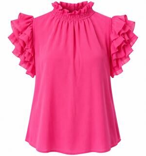 Sugarlips Womens M Hot Pink Ruffle Sleeve Blouse Smocked Neck Feminine Top